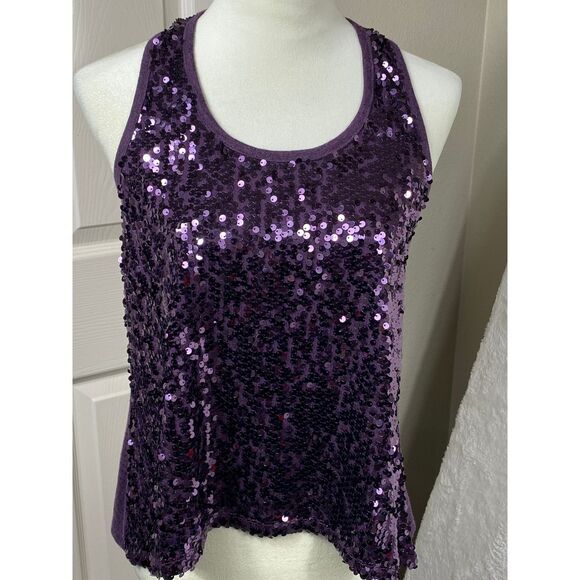 Love Tease Tops - Love Please Women's Sequin Razorback Tank‎ Top Medium Purple Swiftie Glam